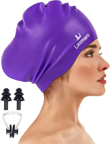 Vista 11 de Large Long Hair Swim Cap with Extra Room for Women Men, Silicone Swimming Cap for Long Thick Hair with Ear Plugs Nose Clip Set, Adult Waterproof