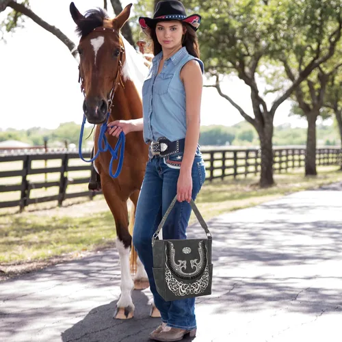 Vista 2 de Montana West Bolsa de transporte oculta de la colección Boot Scroll para mujer bolso de hombro occidental de cuero vegano con cartera