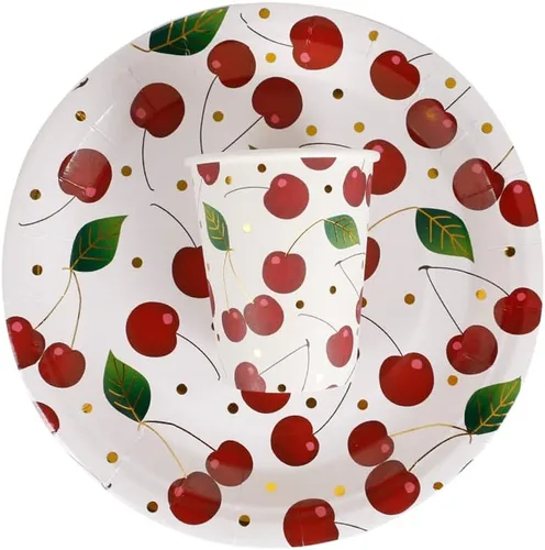 Vista 4 de Geeklife Vasos de papel de cereza dorada, 9 onzas de papel de cerezas, frutas y cerezas, desechables, vasos de papel decorativos a granel, 40