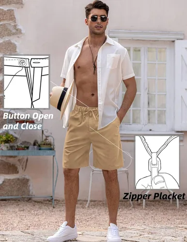 Vista 3 de COOFANDY Pantalones cortos de lino para hombre con cintura elástica y cordón para playa
