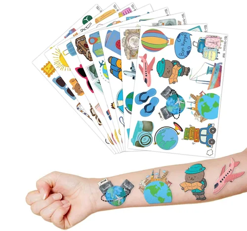 Vista 6 de Tatuajes temporales de viaje, Bon Voyage, suministros de fiesta de cumpleaños, recuerdos, decoraciones de aventura espera viajes por el mundo, súper