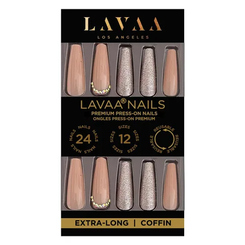 Vista 11 de GOLD VIBES - Uñas a presión de Lavaa Beauty Punta dorada con purpurina degradada Ataúd extra largas Vibes de oro