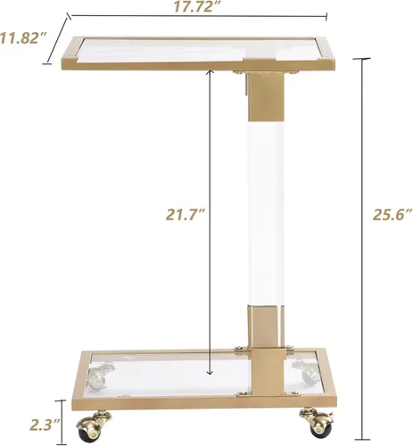Vista 2 de Mesa auxiliar de cristal dorado en forma de C con ruedas móviles, mesa de acrílico para sala de estar, mesa C transparente para dormitorio, muebles