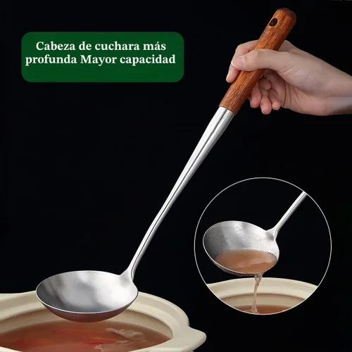 Vista 5 de Evanda Juego de espátulas Wok de 17 pulgadas, herramientas de wok de acero inoxidable con mango de madera resistente al calor, cucharón, espátula