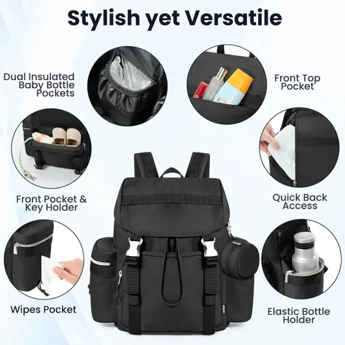 Vista 6 de Mochila para pañales con cambiador, funda para chupete y correas para cochecito, bolsillos aislados, resistentes al agua, artículos esenciales