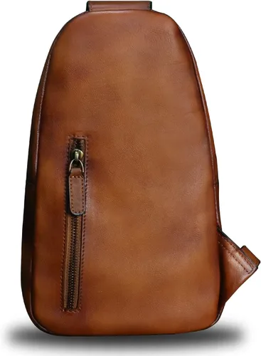 Vista 3 de Bolso de cuero genuino para hombres y mujeres, estilo vintage, de cuero auténtico, bandolera de hombro, bolso cruzado en el pecho, Marrón, Mediana
