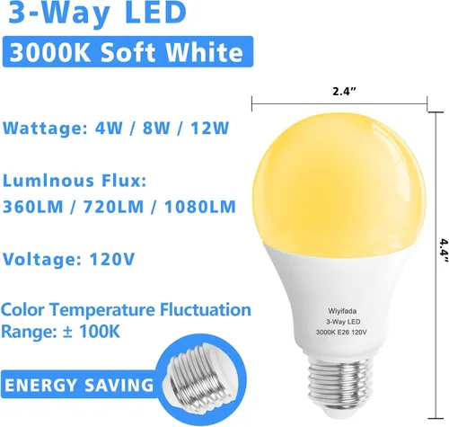 Vista 7 de Bombillas LED de 3 Vías Paquete de 2, Bombillas de 3 Vías 30 70 100 Blanco Suave 3000K, Base Media E26 A19 Bombilla de Tres Vías, Bombilla