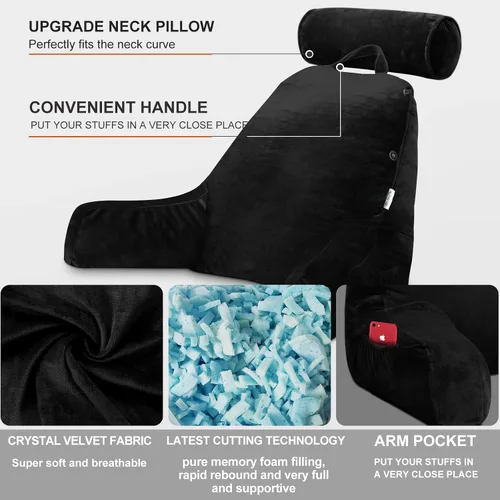 Vista 5 de Almohada de lectura para adultos sentados en la cama, respaldo Negro