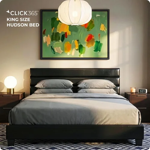 Vista 2 de Click365 Hudson - Base de cama de plataforma tamaño King, cama tapizada de piel sintética negra con cabecera copetuda, soporte de listones de Cuero