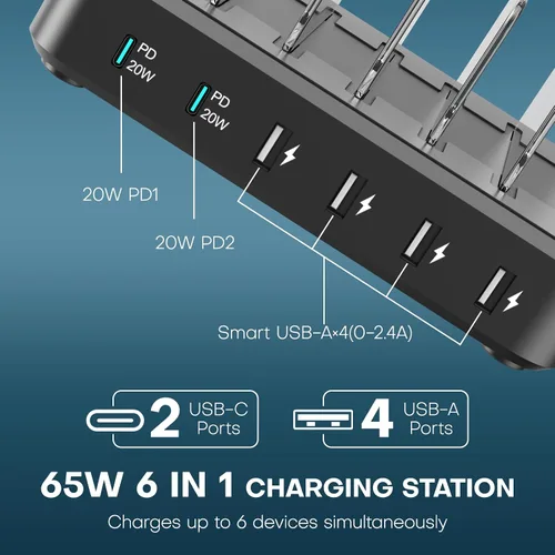 Vista 2 de Estación de carga para múltiples dispositivos, 65 W, 6 puertos, estación de carga rápida USB C con 6 cables de carga mixtos, base de carga