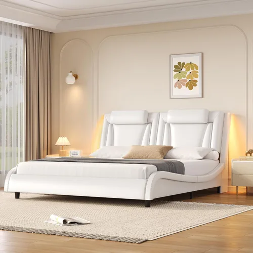 Vista 10 de Keyluv Armazón de cama moderno tapizado con plataforma con cabecera LED ajustable y diseño de curva ondulada y soporte de listones de madera sólida