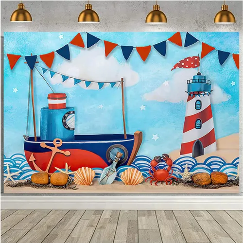 Vista 4 de Fondos de fotografía náutica de verano para vacaciones, velero, faro para niños, decoración de fondo de cumpleaños para niños, fiesta temática