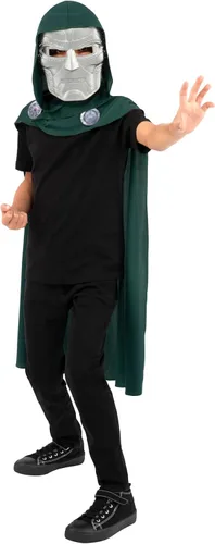 Vista 4 de Marvel Doctor Doom - Juego de máscara y capa oficial de Halloween para jóvenes, máscara de plástico de alta calidad con capa con capucha