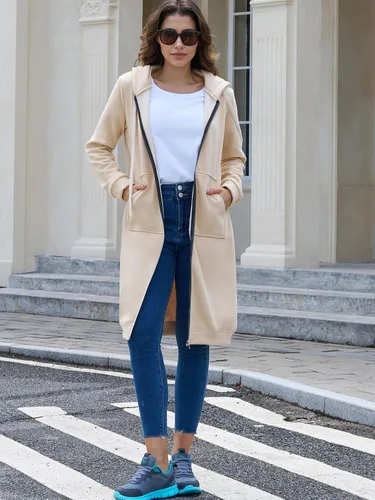 Vista 2 de Ablanczoom Sudaderas largas con cremallera para mujer, cómodas sudaderas de forro polar a la moda, chaquetas casuales con bolsillos Albaricoque