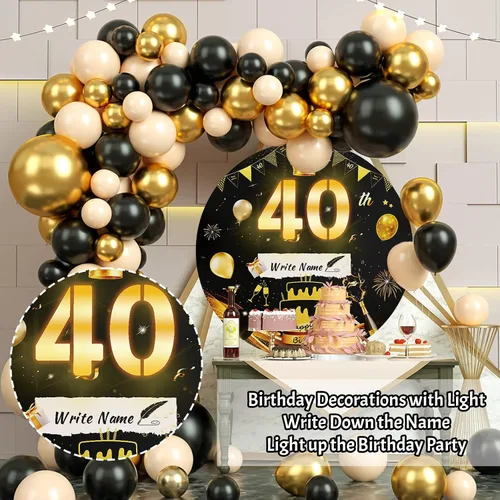Vista 5 de Letrero luminoso de feliz cumpleaños de 40 años, decoración de fiesta para hombres, fondo de cumpleaños LED negro y dorado, carpa redonda, cartón
