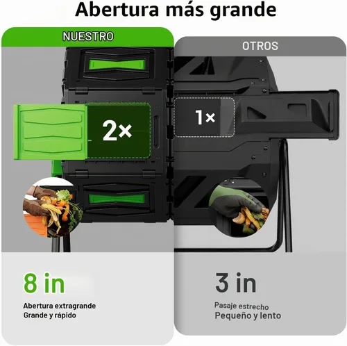 Vista 3 de Vaso de compost, fácil de montar y eficiente, contenedor de compost para exteriores, 45 galones/170 litros, compostador giratorio de doble cámara