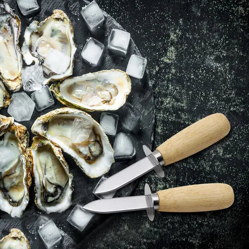 Vista 6 de 2Oyster - Cuchillo de acero inoxidable con mango de madera, con 2 pares de guantes resistentes a cortes de nivel 5, abridor de ostras para cocina
