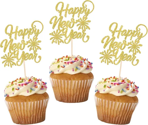 Vista 16 de 1 paquete de decoración para tartas con purpurina de fuegos artificiales para 2026 Año Nuevo 2026, decoración para pasteles de bienvenida 2026