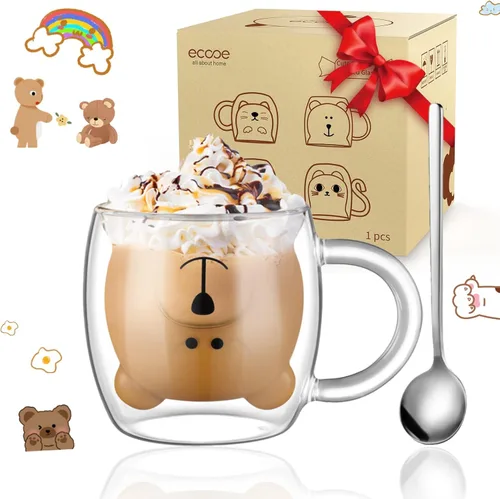 Vista 10 de ecooe Juego de 2 tazas de café de doble pared de 4 onzas, tazas de café de vidrio transparente con asa, taza de café aislada de borosilicato Clear