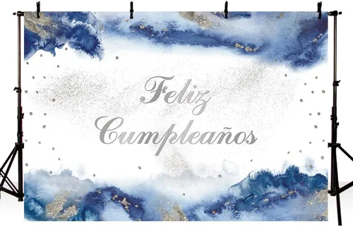 Vista 2 de MEHOFOND Telón de fondo de feliz cumpleaños de 7 x 5 pies para niño, fiesta mexicana, suministros de decoración de fiesta de feliz cumpleaños, Azul