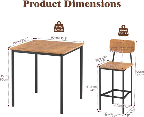 Vista 2 de Juego de mesa de comedor para 4, mesa de cocina de 5 piezas con sillas, juego de comedor industrial resistente que ahorra espacio para pub, cenas