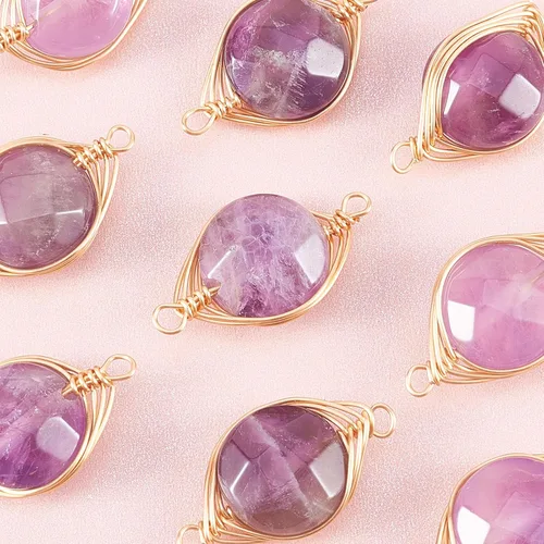 Vista 2 de LiQunSweet 10 piezas de eslabones de piedras preciosas de cristal de amatista natural, enlaces envueltos en alambre con alambres de latón dorado