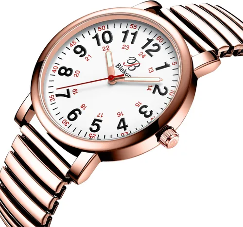 Vista 3 de Blekon Reloj de enfermera original, correa elástica plateada, esfera de fácil lectura, segunda mano, reloj resistente al agua (oro rosa)