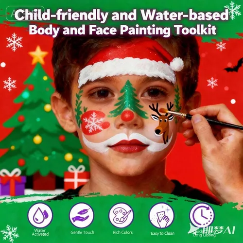 Vista 6 de Kit de pintura facial para niños, no tóxico, paleta fácil de activar con agua con plantillas, pinceles y gemas con brillantina. Perfecto