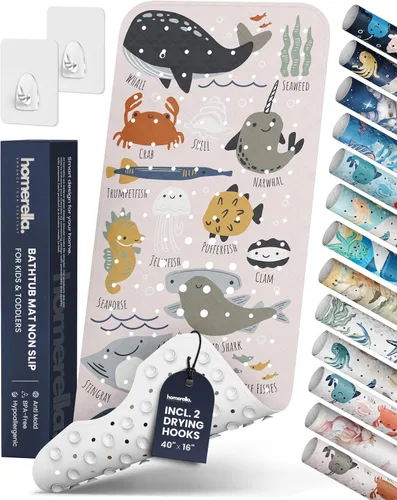 Vista 17 de Homerella - Alfombrilla de baño antideslizante y antideslizante para niños, 40 x 16 pulgadas, sin BPA, incluye 2 ganchos, tapete de ducha lavable