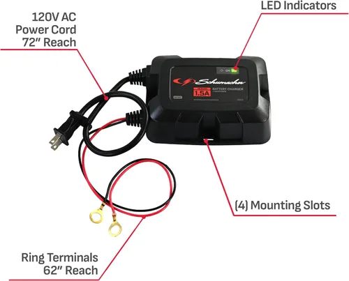 Vista 6 de Schumacher Electric 1.5A Cargador y mantenedor de batería de automóvil a bordo y solución 3 en 1, para baterías de 6V/12V de deportes acuáticos