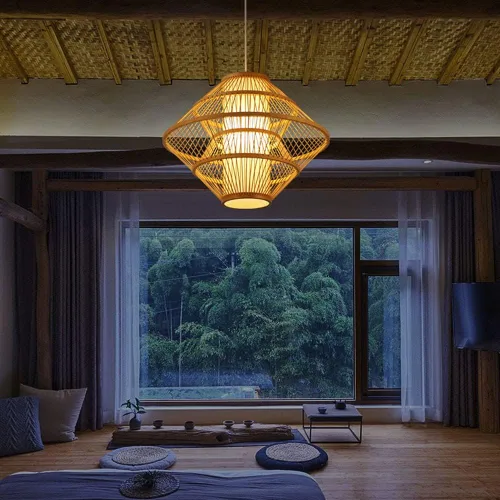 Vista 2 de Lámparas de madera de bambú industriales, estilo japonés, estilo rústico, estilo pastoral, lámpara colgante E27, decoración retro hueca, decoración