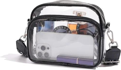 Vista 6 de Bolso transparente aprobado por el estadio, bolso cruzado transparente para mujer para conciertos, deportes y festivales (negro)