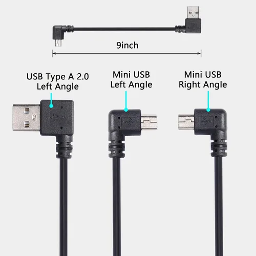 Vista 2 de CERRXIAN Mini cable USB de 9 pulgadas, mini USB en ángulo recto y ángulo izquierdo macho a USB tipo A 2.0 en ángulo izquierdo, cable de Combo USB A