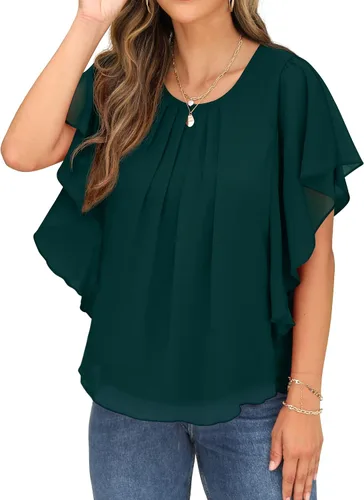 Vista 2 de QIXING Blusas de gasa con cuello redondo y cuello redondo de verano para mujer