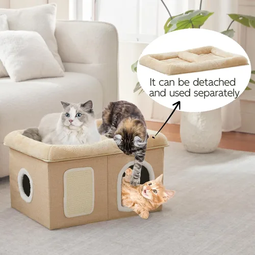 Vista 2 de WINDRACING Camas para gatos de interior - Casa extra amplia para mascotas y cama plegable para gatos con almohadilla para arañar, escondite
