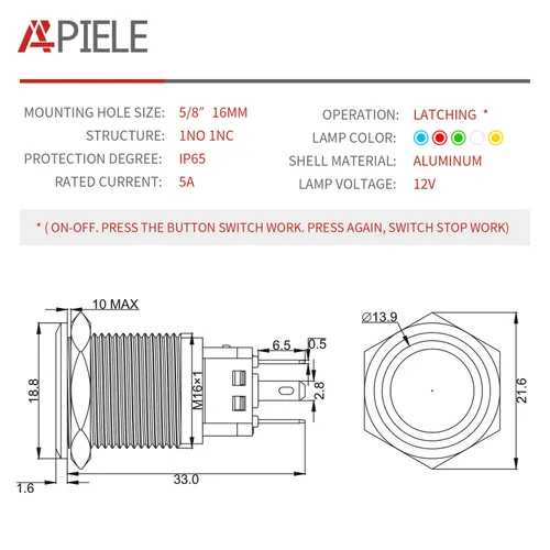 Vista 2 de APIELE - Interruptor de botón de encendido de pestillo de 16mm, 12 V CC, carcasa negra con cabeza de ojo de ángel LED para orificio de montaje