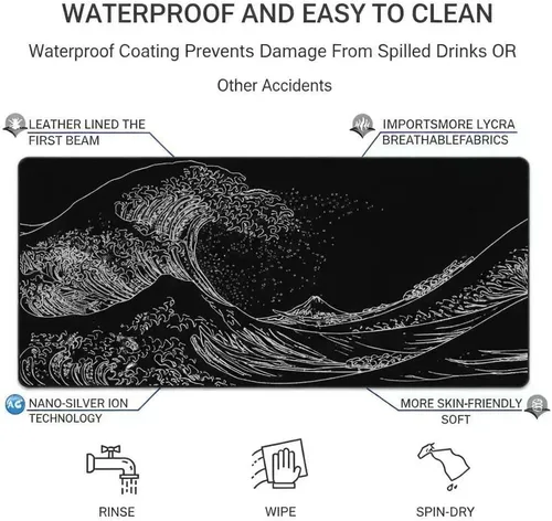 Vista 4 de Alfombrilla de mouse extendida con diseño de anime japonés de olas marinas, alfombrilla de escritorio grande de 31.5 x 11.8 pulgadas con base