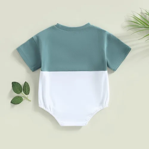 Vista 4 de Mameluco de verano para bebé niño, trajes de mameluco de bloque de color, lindo overol de 3, 6, 12, 18 meses Azul