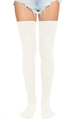 Vista 3 de HYTENSUN Calcetines altos de punto para mujer, calcetines altos gruesos por encima de la rodilla, calcetines de tubo de ganchillo, calentadores