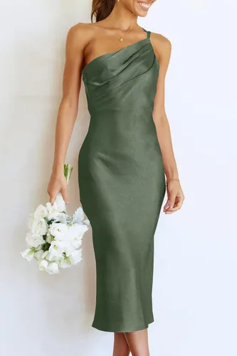 Vista 5 de PRETTYGARDEN Vestido midi de satén para mujer, con un hombro, tirantes delgados, espalda descubierta, fruncido, vestido ajustado de verano