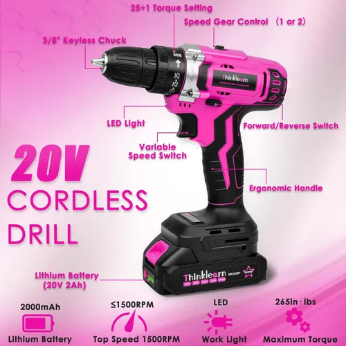 Vista 2 de ThinkLearn - Kit de herramientas con taladro inalámbrico de 20 V (265 lb-in), juego de taladro rosa para mujeres, kit de herramientas para el hogar