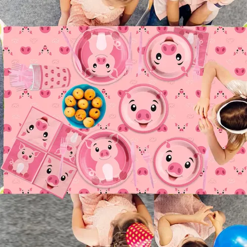 Vista 6 de Decoraciones de cumpleaños de cerdo, juego de vajilla de cerdo de granja de 143 piezas, platos temáticos de cerdo rosa y servilletas, suministros