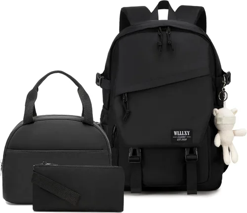 Vista 10 de Caoroky knight Mochila para portátil universitaria para hombres y mujeres, mochila grande para libros, ligera, mochila de viaje y día a día, Negro