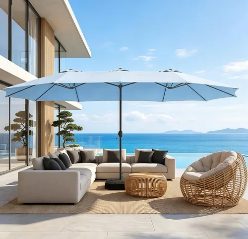 Vista 10 de Sombrilla de doble cara para patio de 15 x 9 pies con base y manivela, sombrilla rectangular extragrande para patio, césped y jardín, beige