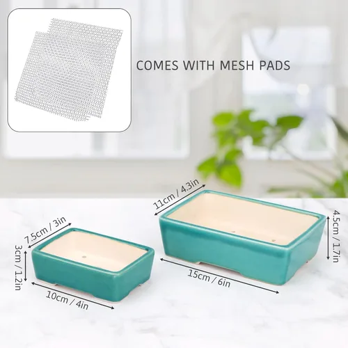 Vista 3 de Zisha - Juego de 2 macetas de arcilla blanca para bonsái esmaltadas poco profundas, color azul