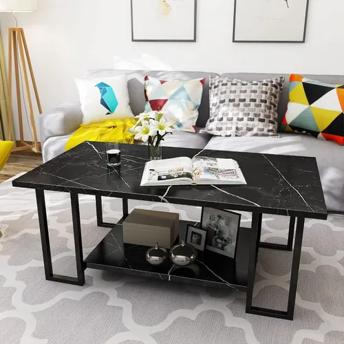 Vista 5 de AWQM Mesa de Centro de Mármol, Mesa de Centro Rectangular con Superficie de Mármol Sintético y Marco de Metal Negro, Mesa de Sala de 2 Niveles