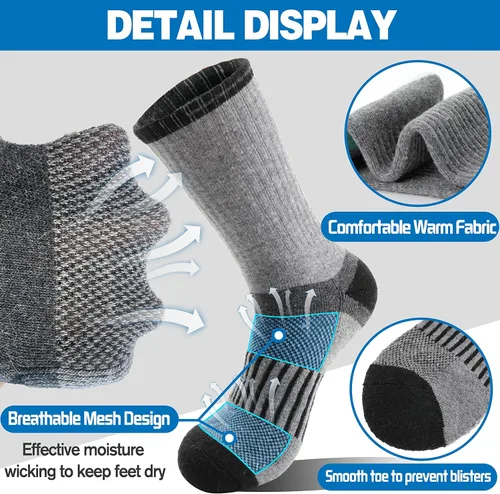 Vista 4 de 5 pares de calcetines de senderismo de lana merina, cálidos, térmicos, acogedores, acolchados, absorben la humedad, para mujeres y hombres