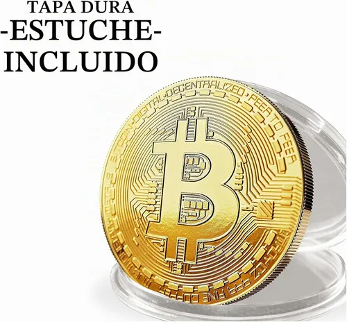 Vista 5 de Bitcoin físico chapado en oro de 24 quilates. Un verdadero artículo de coleccionista con funda protectora