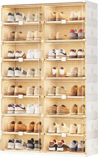 Vista 12 de JEKO&JEKO Zapatero plegable de 4 niveles para entrada de armario, caja de almacenamiento de zapatos plegable grande con puertas magnéticas
