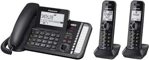 Vista 3 de Panasonic Sistema telefónico con cable de 2 líneas con 2 teléfonos (negro) y KX-TCA430 de ajuste cómodo, auriculares plegables con micrófono